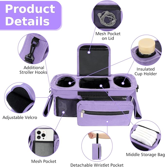 Accmor Universal Stroller Organizer with Insulated Cup Holder Detachable Phone Bag and Shoulder Strap,Stroller Bag Caddy Organizer for Uppababy, Baby Jogger, Britax Strollers - Image 4