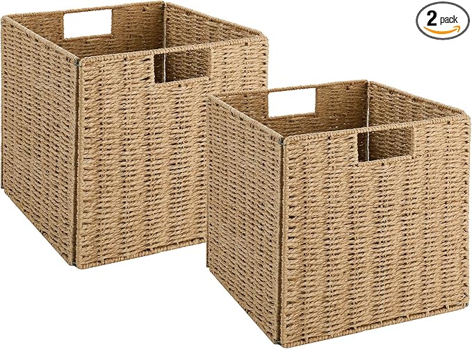 Wicker Storage Basket, Set of 2 Hand-Woven Storage Baskets for Shelves with Handles Foldable Cube Storage Baskets Bins, 9 inch Wicker Baskets for Pantry Bedroom Organizer &Decor, Natural by Vagusicc
