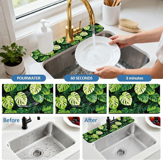 2 Pcs Kitchen Sink Splash Guard Faucet Mat Monstera Leaves Pattern Faucet Mat for Sinks Absorbing Drying Mats for Kitchen Bathroom - Image 5
