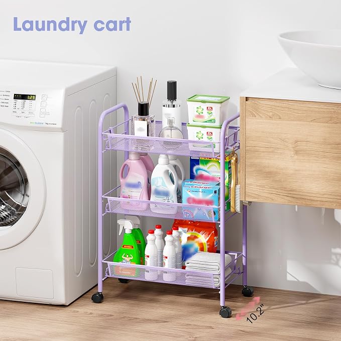 TOOLF 3 Tier Rolling Cart, Metal Utility Storage Cart with Wheels, Purple | 3 Hooks, Screwless Assembly, Trolley Organizer for Bathroom, Kitchen, Office, Nursery, Dorm, Laundry Room - Image 7