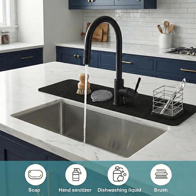 Customizable Kitchen Sink Faucet Mat: 33"Lx5.5"W Absorbent Splash Guard | Non-slip Fabric Rubber Mat, Cut to Fit 2,3,4 Holes Irregular Large Double bowl Sink with Soap Dispenser Air Gap - Image 8