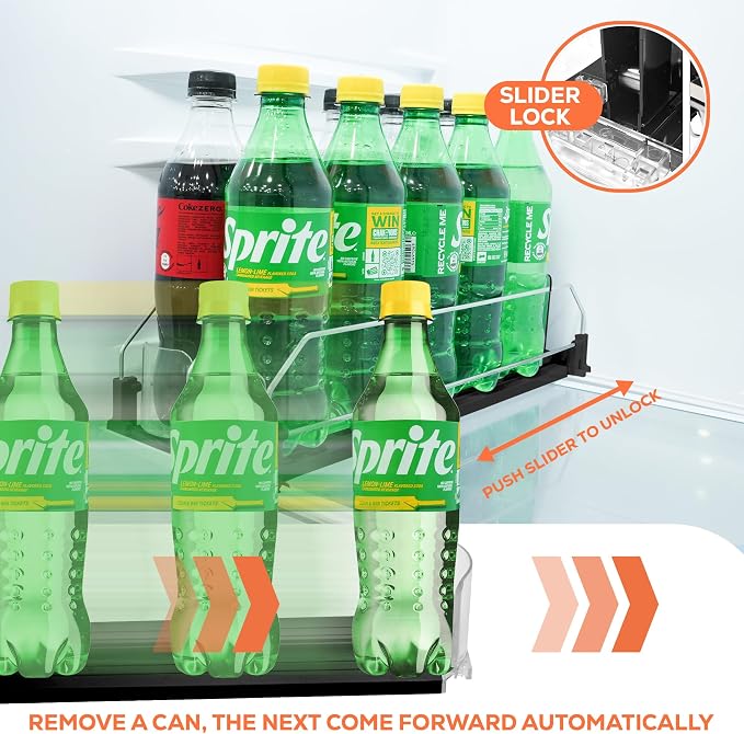 Upgraded Premium Drink Organizer for Fridge. Ultra Space Saving Soda Can Organizer for Refrigerator with Larger Stopper Height and Automatic Pusher with Locking Feature. Holds 10 Cans (2 Rows, Black) - Image 4