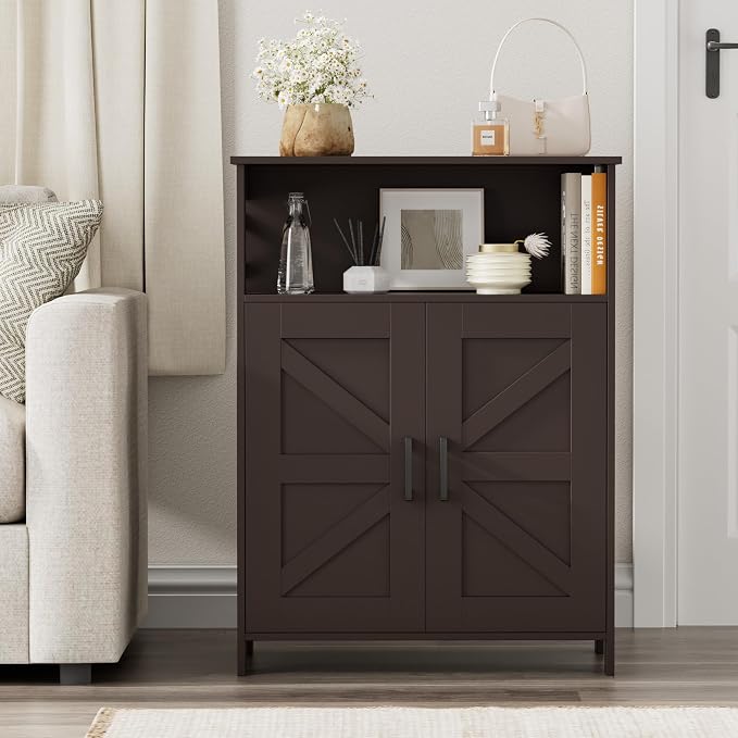 Homhedy Farmhouse Bathroom Storage Cabinet with Doors, Small Floor Cabinet | Toilet Paper Cabinet with Adjustable Shelf, Freestanding Storage Cabinet for Kitchen/Laundry/Living Room, 24"W, Brown - Image 8