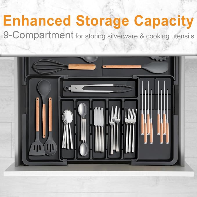 Silverware Organizer - Expandable Large Kitchen Drawer Organizer Utensil Organizer with 2 Removable Knife Blocks, 22"x 19"Cutlery Tray Drawer Dividers for Kitchen Flatware(6-9 Slots) (Black) - Image 8