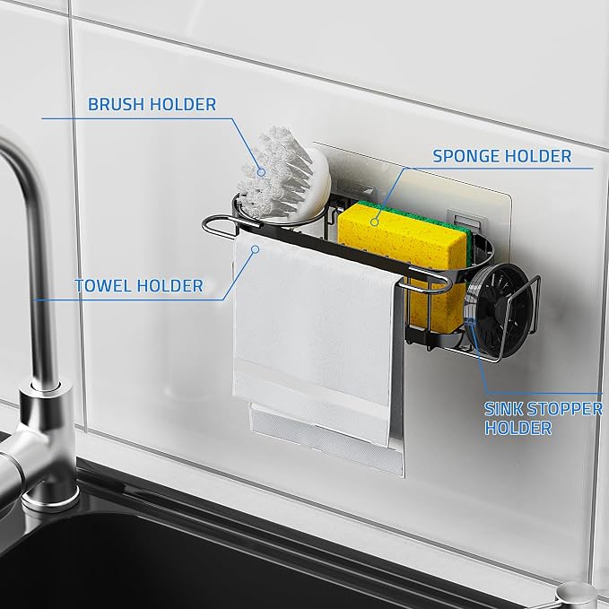 Cisily Kitchen Sponge Holder for Kitchen Sink with 2 Suction Cups/1 Adhesive Strips, Stainless Steel Kitchen Caddy Sink Organizer, Brush Holder, Dish Cloth Hanger, Sink Stopper Holder (Black) - Image 5