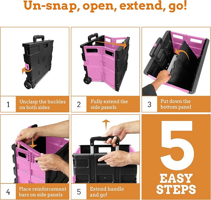 Inspired Living Ultra-Slim Rolling Collapsible Storage Pack-N-Roll Utility-carts, with Telescopic Handle, for Home, Garden, Shopping, Office, School use, Medium, Pink & Black - Image 6
