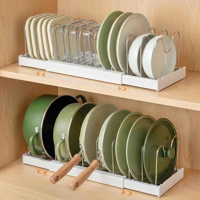 2 Pack Expandable Pot Lid Organizers with 10 Adjustable Dividers | 12.6-22.4 Inch Pots and Pans Organizer Rack Under Cabinet, Countertop, Pan Lids, Bakeware, Food Container Lids, White by Unknown