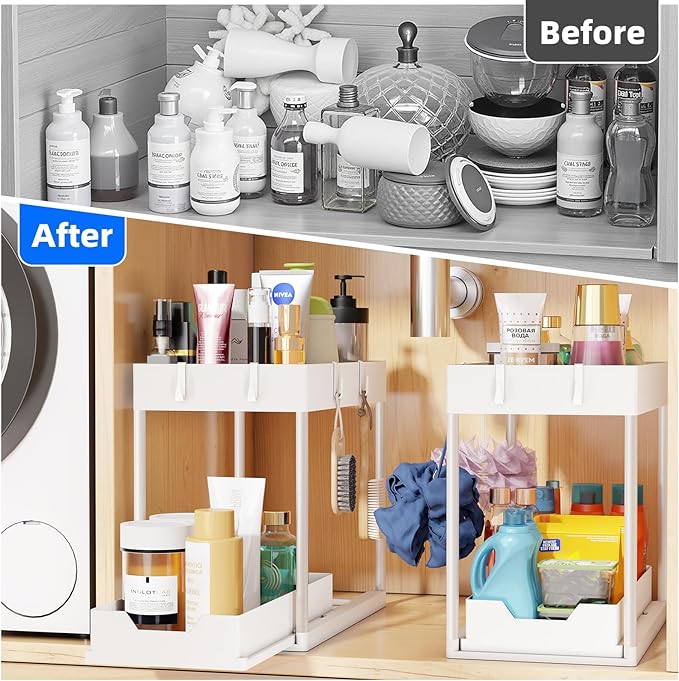 Simple Trending Under Sink Organizer 2 Pack, with Sliding Drawer, White | 2-Tier Multi-Use Under Shelf Organizer with Hooks, Sink Pull-Out Sliding Storage Cabinet for Kitchen Bathroom, Easy Assembly - Image 3