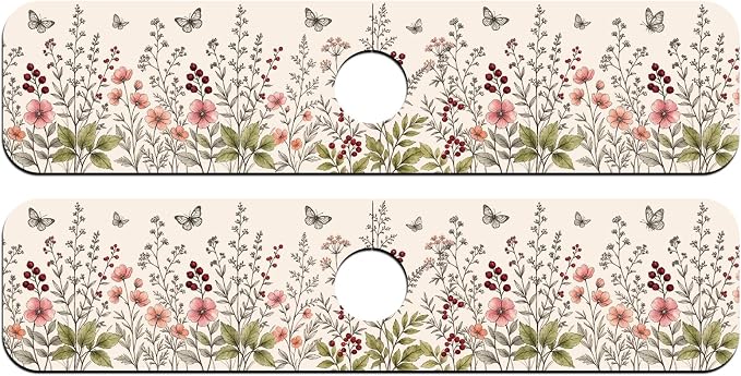 2 Pcs Retro Wildflower Bush Kitchen Sink Splash Guard Faucet Mat | Butterflies Pattern Faucet Mat for Sinks Flower Absorbing Drying Mat for Kitchen Bathroom, 23.6x5.5inch - Image 8