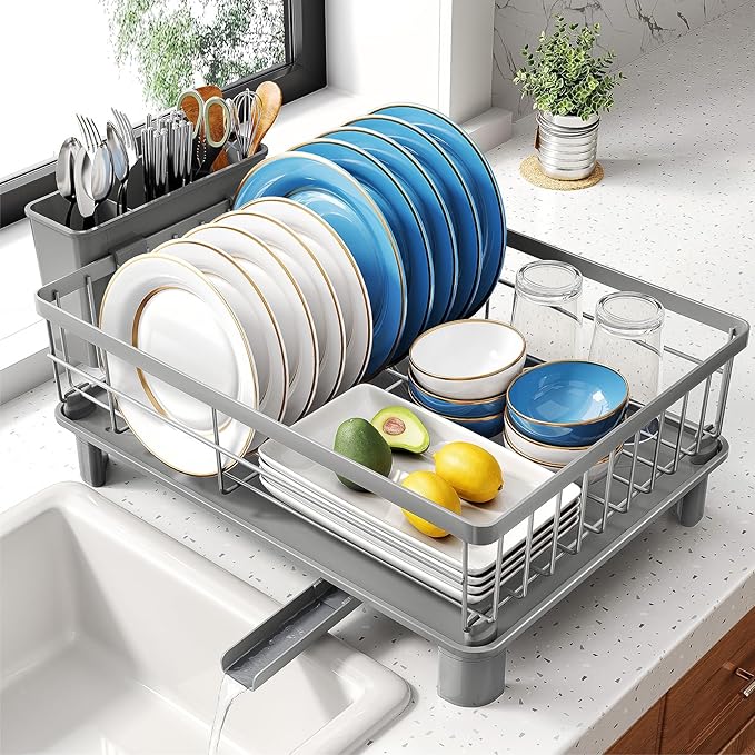 SNTD Dish Drying Rack for Small Kitchen Counter, 12.9" W x 16.9" L, Grey | Space Saving, Rotating Spout & Angled Drainboard for Quick Drainage, Stainless Steel, Removable Utensil Holder by SNTD
