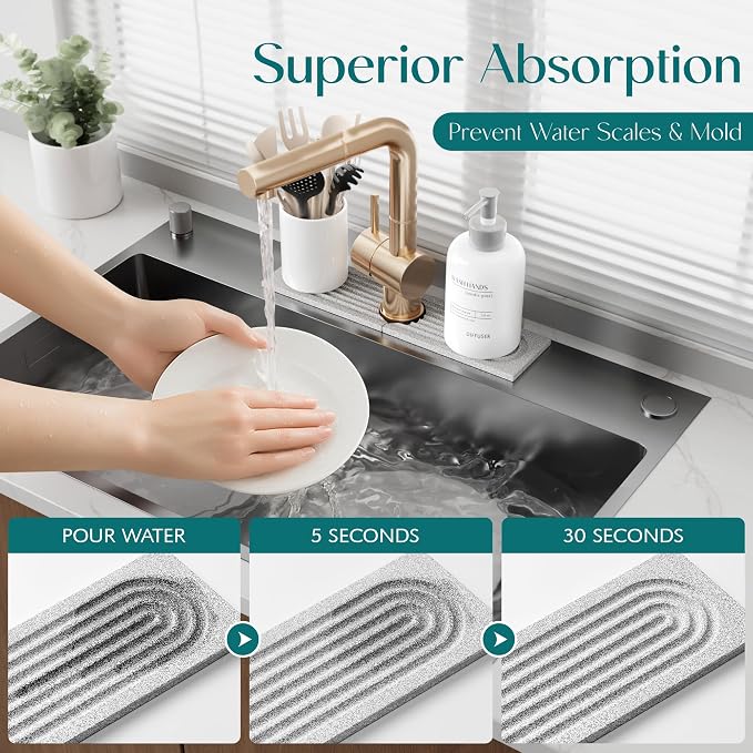 Stone Faucet Mat for Kitchen Sink, Food-Grade Diatomite Stone Drying Mat for Kitchen Counter, 2026 Upgraded Dishwasher-Safe & Ultra Absorbent, Stone Dish Matt for Bottles Utensils (15.7" x 3.9") - Image 5