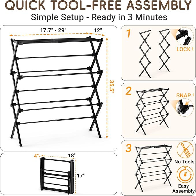 Foldable Clothes Drying Rack, Sleek Black for Modern Apartment | Sleek black for modern home, holds 35 lbs, rustproof carbon steel, indoor & outdoor, tool-free - Image 5