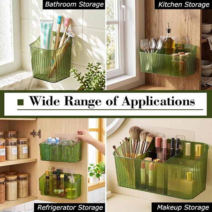 14 Pack Cabinet Door Organizer Adhesive Wall Mount Storage Bins Makeup Containers Stackable Organizer Basket for Kitchen Cabinets, Bathroom, Pantry, Office, Refrigerator (Frosted Green) - Image 5