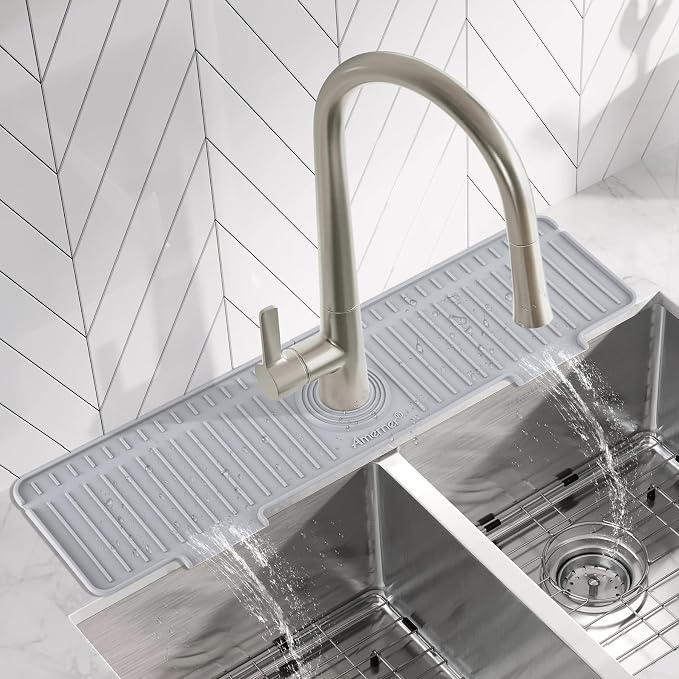 Amerner 20 inch Kitchen Sink Splash Guard, 10° Large Slope & Adaptable Hole Faucet Mat for Kitchen Sink, Silicone Sink Organizer Sponge Holder for Kitchen, Bathroom, RV, Bar, 20” x 5.5”, Gray - Image 8