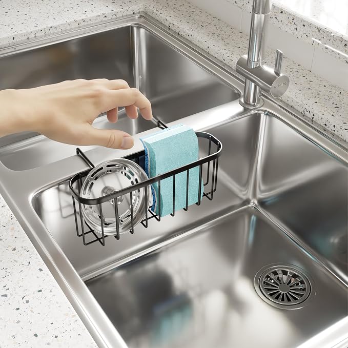 SWTYMIKI Sponge Holder for Kitchen Sink with Partition, Movable Kitchen Sink Caddy with Compact Size Stainless Steel Hanging Sink Sponge Caddy for Double Bowl Sinks, Black - Image 6