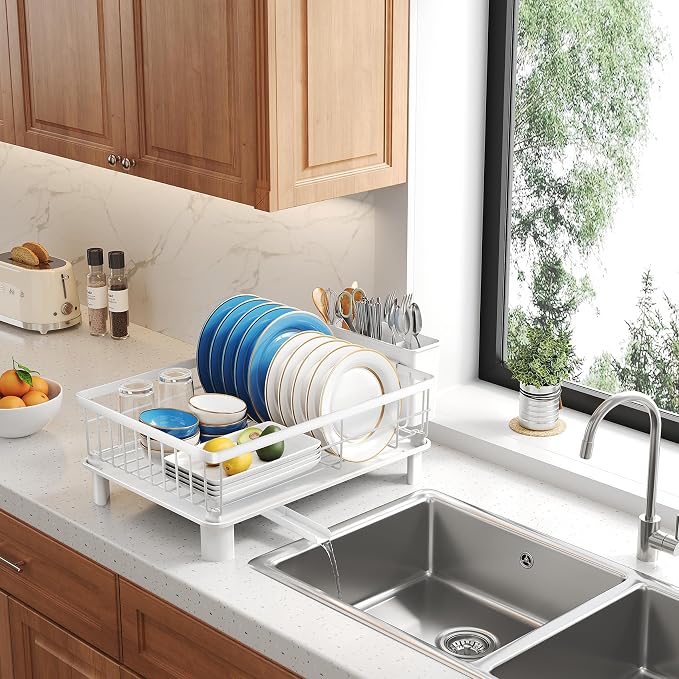 SNTD Dish Drying Rack for Small Kitchen Counter, 11" W x 15" L, White | Space Saving, Rotating Spout & Angled Drainboard for Quick Drainage, Stainless Steel, Removable Utensil Holder - Image 9