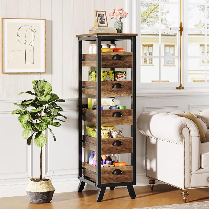 Tribesigns 5-Tier Narrow Kitchen Stand Fruit and Vegetable Storage Rack | Wood Corner Snack Stand Kitchen Stand Fruit Basket, Pull-Out Utility Organizer for Kitchen, Living Room, Rustic Brown - Image 6