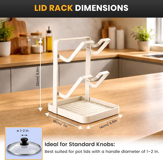 Pot Lid Holder with Removable Drip Tray, Multifunctional Double Layer Pot Lid Organizer for Countertop, Kitchen Pot Lid Storage Rack for Covers, Cutting Boards, Utensils (OFF-White) - Image 2