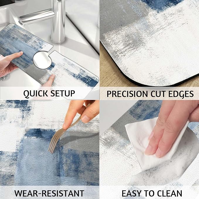 MCALK Blue Kitchen Sink Faucet Mat Splash Guard, Absorbent Quick-Dry Kitchen Sink Mat - Ideal for Splash Guard & Drip Catching with Abstract Art Decor( 1pc 15"x5.5") - Image 4