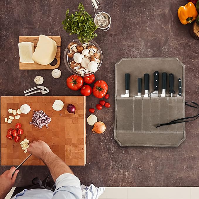 HERSENT Chef’s Knife Roll Case, Waxed Canvas Cutlery Knives Holders Protectors, Home Kitchen Cooking Tools And Utensils Wrap Bag Wallet, Multi-Purpose Brush Roll Bag, Travel Tool Roll Pouch - Image 6
