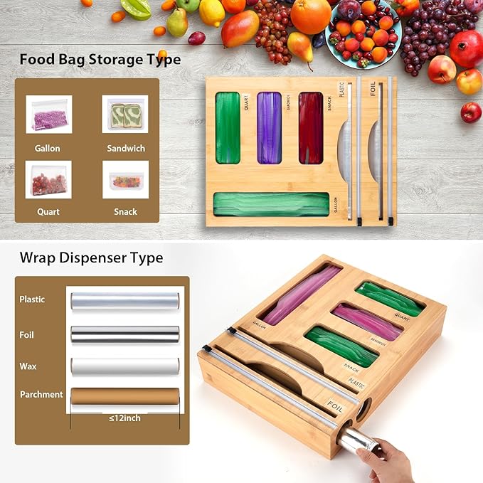 Storage Bag Organizer with Foil and Plastic Wrap Organizer , Aluminum Foil Dispenser with Cutter, Bamboo 6 in 1 Baggie Organizer Suitable for Gallon, Quart, Sandwich, Snack - Image 6