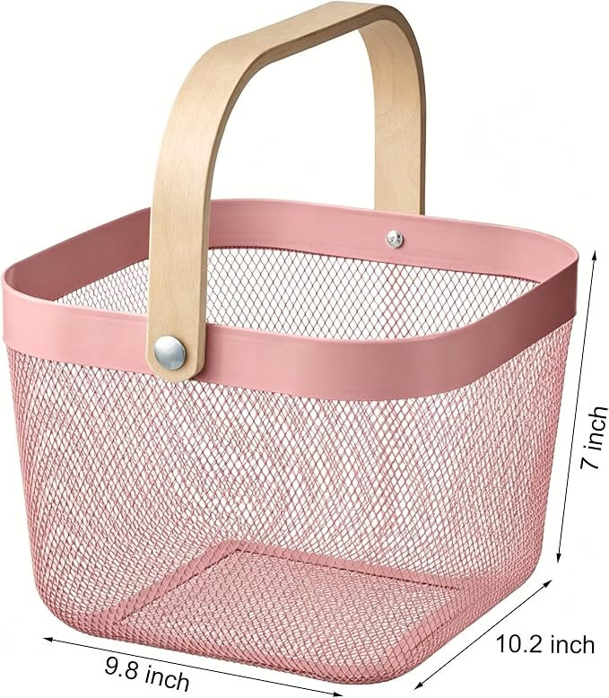 AJIODA Metal Mesh Steel Basket, Storage Organizer Basket Multi-functional Hanging Kitchen Baskets Fruit Baskets with Wooden Handle for Kitchen Bathroom Picnic Shopping Decor Cabinet Home, Rose Pink - Image 2