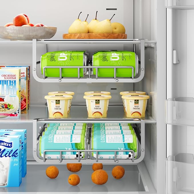 Hanging Soda Can Organizer for Refrigerator, 10-Can Fridge Dispenser | Stainless Steel Double Row Hanging Drink Fridge Organizer, Soda Can Storage Rack, Fits 15-23 in Refrigerator Inner Depth by ADEVZO