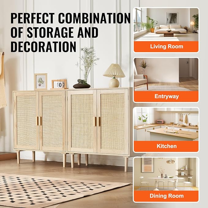 VEVOR Rattan Buffet Cabinet with Storage, 4 Magnetic Doors and Adjustable Shelves, Sideboard for Hallway, Living Room, Kitchen, Natural - Image 8