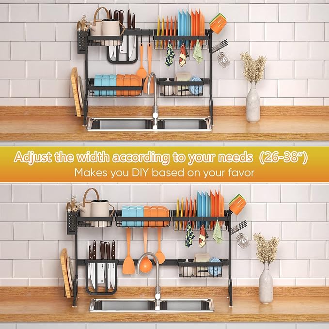 PUSDON Over the Sink Dish Drying Rack, 2 Tier Adjustable Large Capacity Stainless Steel Dish Rack for Kitchen Counter, Heavy Duty Space Saver Organizer with Utensil Holder, Black - Image 4