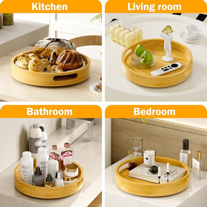 Lazy Susan Organizer Homerays 12 Inch Non-Skid Bamboo Lazy Susan for Kitchen Rotating Spice Rack with Handles, Wood Turntable for Kitchen Cabinet,Countertop (Bamboo, Medium) - Image 6