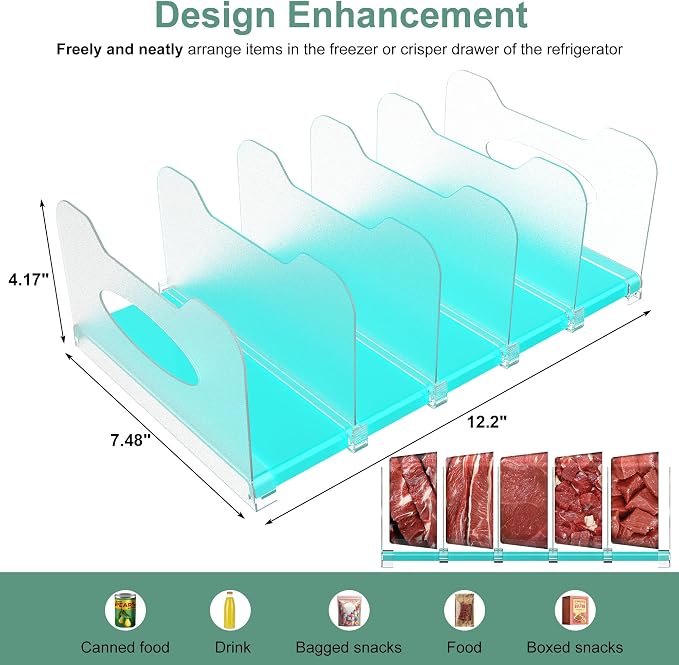 Freezer Organizer,12" Visible Fridge Organizer Rack with Removable Dividers | Freely Adjustable,Easy to Pull Out and Carry Handle, Fits Refrigerator Frozen Meals, Lunch Meat Box, Cheeses, Mint Green - Image 3
