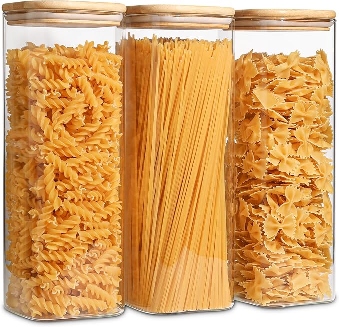 ComSaf Pasta Containers Storage 2.2 Qt, Spaghetti Jar, Set of 3 Tall Jars | Glass Storage Containers wtih Lids, 11.3-inch High Glass Kitchen Canisters Square, Cereal, Noodles, Oats, Dry Food, BPA Free by ComSaf