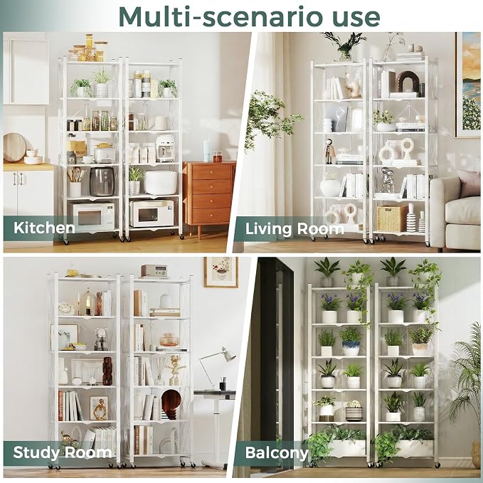 DEANIC 6-Shelf Folding Bookcase with Wheels, Heavy Duty Storage Shelves, Freestanding Metal Wire Shelving Unit for Living Room, Office, Kitchen, Basement, Pantry (White 2 Pack) - Image 6