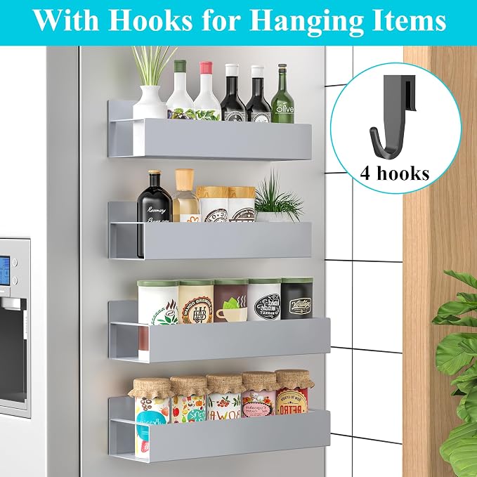 4 Pack Magnetic Spice Storage Rack Organizer for Refrigerator and Oven, Gray Fridge Organizers and Storage | Magnetic Shelves Heavy Duty for Fridge in Kitchen, Seasoning Storage Organizer, For Oven Washer and Dryer, For Heavier Items - Image 2