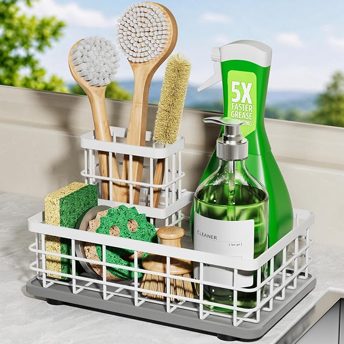 Kitchen Sink Organizer, Large Sink Caddy with Sponge Holder & Diatomite Mat | Cleaning Supplies in One Place, Kitchen Countertop Organizer, Home Essentials, Brush Holder, Quick Dry Tray, Fewer Puddles by HOKEMOM