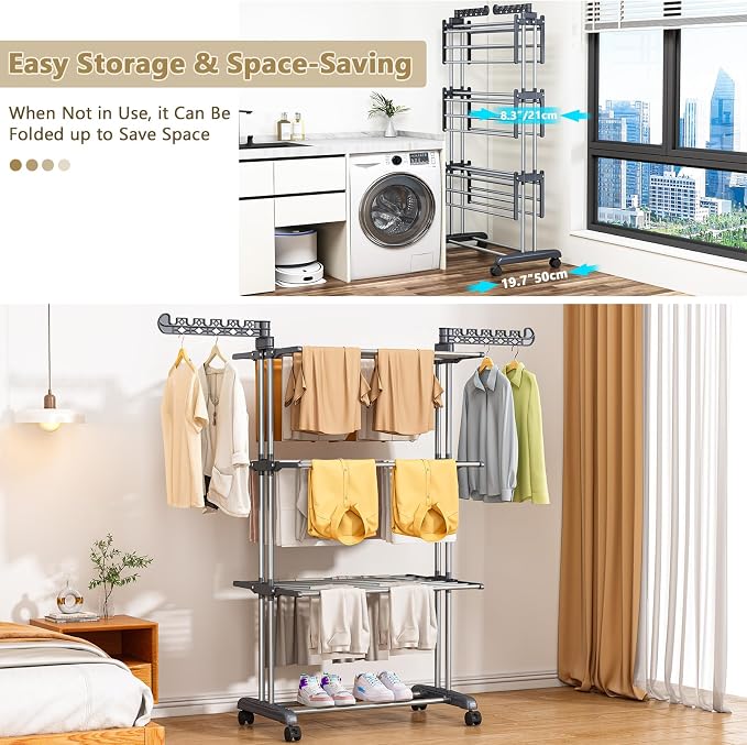 Upgraded 4-Tier Clothes Drying Rack, Drying Rack Clothing with Wheels | Large Foldable Laundry Drying Rack, Clothes Rack with Side Hooks for Indoor Outdoor Air Drying, 19.68"D x 29.9"W x 67.7"H - Image 2
