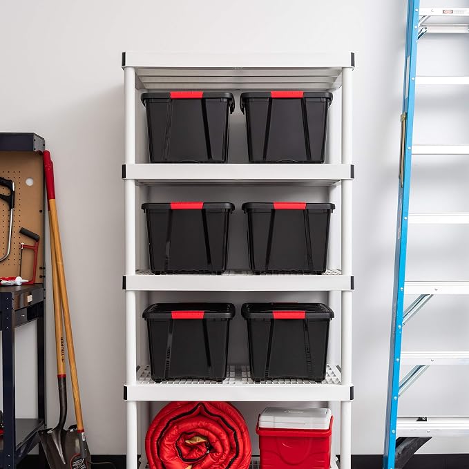 IRIS USA 6-Pack 40 Quart Storage Bins with Lids, Black | Black finish conceals stored items. Perfect for moving, blankets, clothing, and garage storage. Nestable design saves space - Image 7