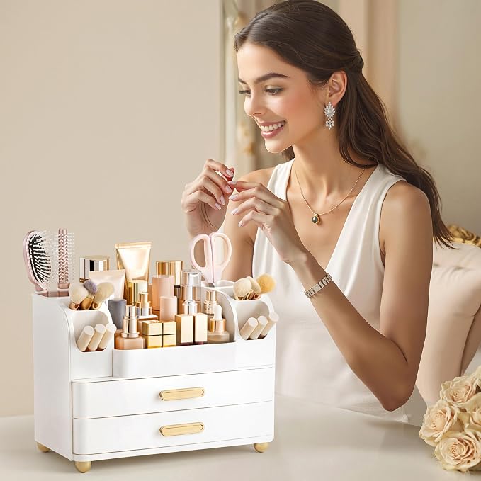 HBlife Makeup Organizer for Vanity with Brush Holder, Large Bathroom Countertop Cosmetic Organizer Skin Care Storage, Easy to Store Lipsticks, Nail Polishes, Perfumes, Eyeshadow Palettes, All White - Image 6