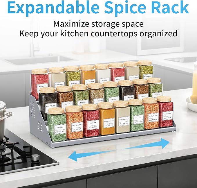 BOIVSHI 3 Tier Expandable Spice Organization for Cabinet, Gray | Height Adjustable Spice Rack for Countertop, Metal Step Seasoning Organizer for Kitchen, Easy to See Labels for Pantry - Image 5