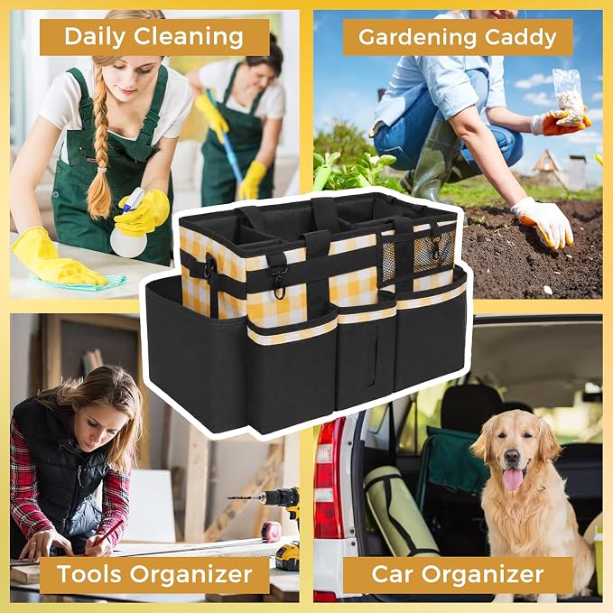 SCAVATA Wearable Cleaning Caddy, Cleaning Caddy Supplies Organizer with Handle & Shoulder Straps for Housekeepers, Under Sink & Car Cleaning Tool Organizers Bag with 4 Foldable Divider (YellowPlaid) - Image 7