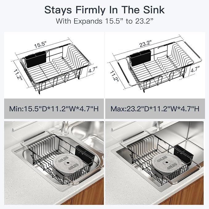 Dish Drying Rack Over The Sink with Utensil Holder | Expandable Stainless Steel Dish Drainer for Small Kitchen, Apartment, RV, Counter Space Saving, Perfect Fit, Rustproof - Image 3