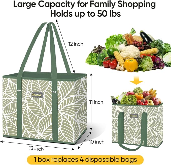 BALEINE 6PK Reusable Grocery Bags, Heavy Duty Shopping Tote Bag | 12'' Long Handles, Reinforced Bottom Keeps Upright, Fold Flat Storage, Water-Resistant Shopping Bag, Multiple Color Options - Image 4