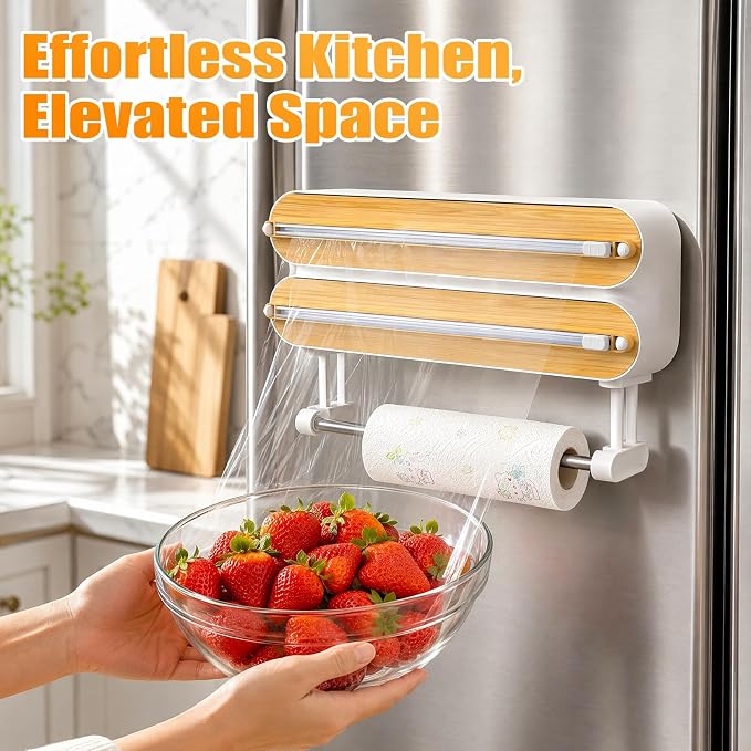 3 in 1 Plastic Wrap Dispenser with Cutter,Wooden Aluminum Foil Organizer | Magnetic Holder with Kitchen Towel Holder, Wall Mount Kitchen Wrap Dispenser for Pantry and Kitchen Cabinet - Image 2