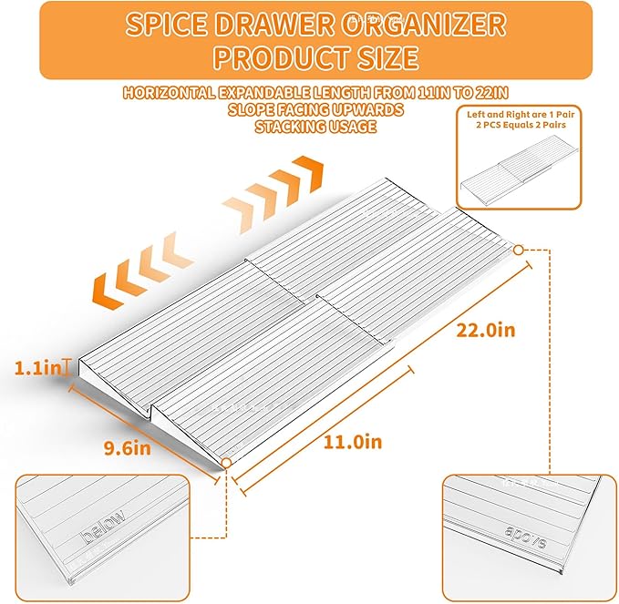 4 Pack Adjustable In Drawer Spice Organizer - Expandable From 11'' to 22'' - Acrylic Drawer Seasoning Organizer,Clear Spice Organization Tray for Cabinet Drawers Condiment,Nail Polish and Jar - Image 3