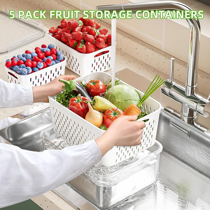 KEMETHY 5 Pack Fruit Storage Containers for Fridge with Removable Colanders - Food Storage Containers with Lids, BPA-Free Produce Containers Keep Fruits, Vegetables, Berry, Meat Fresh Longer - Image 2