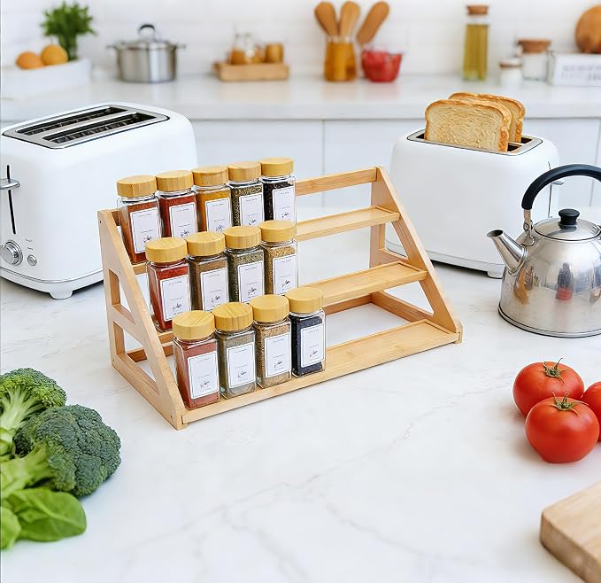 Bamboo Tier Spice Rack Organizer: 17.5 Inch Wide Kitchen Cabinet Countertop Spice Jar Organizer for Home Organization - Image 3