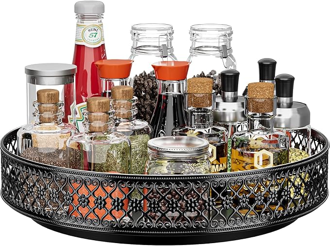11 inch Lazy Susan Turntable - Metal Spice Organizer for Cabinet Table Top | 360° Smooth Rotating Tray Black Lazy Susan with Rim for Dining Table, Pantry, Countertop, Kitchen, Bathroom Vanity Storage by OVICAR
