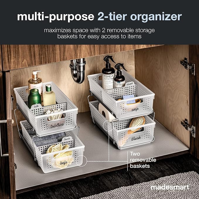 madesmart Two Tier Organizer with Dividers, Frost | pull out bins, tiered access, cleaning supplies, under sink use, pantry bottles, woman owned - Image 3