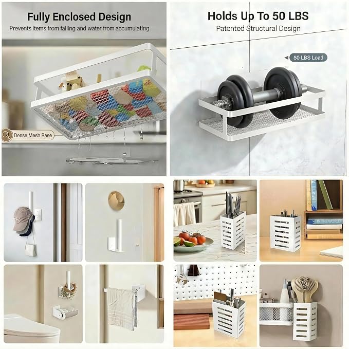 PUSDON 5-in-1 Shower Caddy & Kitchen Organizer Set, Wall Mount Wide Spice Rack with Paper Towel Holder, Utensil Holder, Soap Dish, Rustproof Mesh Baskets Hold 50LBS - Silver Gray, Guardrail - Image 5