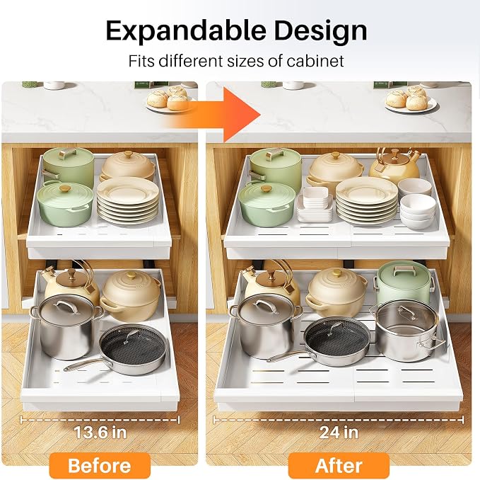 Pull out Cabinet Organizer, 2-Pack Expandable(13.6"-24") Silde out Drawers with Raising Pad for Framed Cabinets, Adjustable Full-Extension Adhesive Roll out Shelves for Kitchen Pantry Home Pot and Pan - Image 7